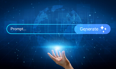 A hand reaches towards a glowing prompt and generate button against a blue futuristic background, symbolizing innovation, creativity, and digital interaction in technology. Gantry © InfiniteFlow