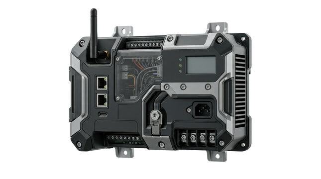 Industrial electronic control unit with a black and grey housing, antenna, and terminal blocks, isolated on a white background