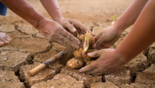 Farmers planting ginger rhizomes in dry cracked soil during planting season