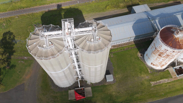 Aerial View of Industrial Grain Silos and Infrastructure in Toowoomba
