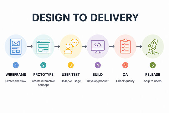 A six-step design to delivery process flow chart illustrating stages from wireframe to release.
