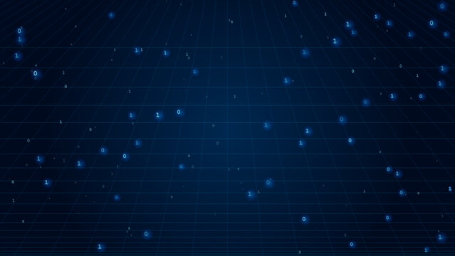 Glowing blue binary code numbers on digital grid mesh background
