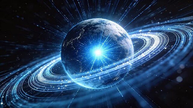 Earth-like sphere with blue light bands and glowing particle streams in dark space