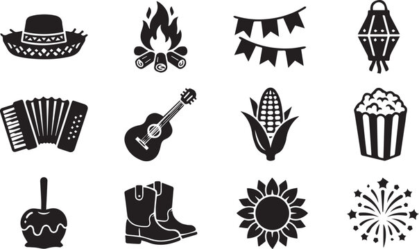 Festa Junina Festival Icon Set with Traditional Celebration Elements in Bold Filled Silhouette Vector Collection