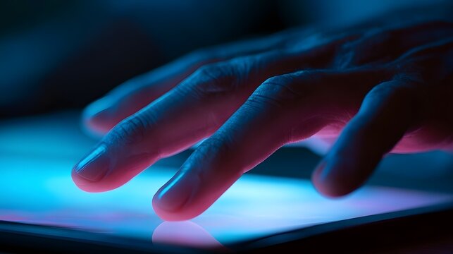 A hand interacts with a glowing digital screen symbolizing futuristic technology and modern connectivity
