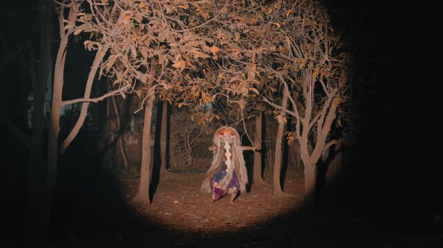 Rangda Figure Standing in Haunted Forest at Night