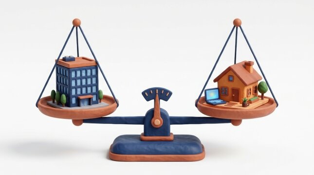 3D model of a balance scale with a corporate office building on one side and a home on the other, balanced by a central clock, representing hybrid work models and lifestyle balance.