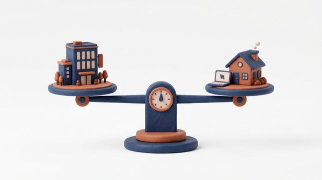 3D model of a balance scale with a corporate office building on one side and a home on the other, balanced by a central clock, representing hybrid work models and lifestyle balance.