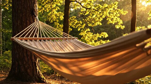 Empty beige fabric hammock hanging between two large tree trunks in a dense forest during sunset with warm golden sunlight filtering through the green leaves and branches.