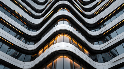 Obraz premium Striking Modern Architectural Facade with Wavy Lines and Illuminated Windows