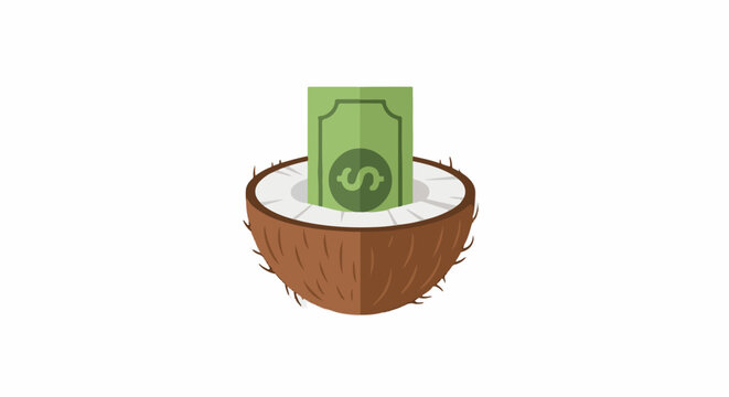 Dollar bill inside cracked coconut shell illustration.