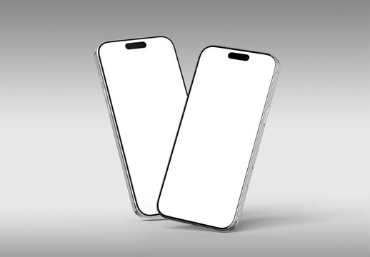 Two modern smartphones with blank screen isolated on grey background, perspective view, 3D rendering. Mockup and app UX user experience.  Silver color