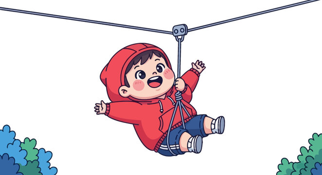 Happy child swinging on adventure zip line outdoors.