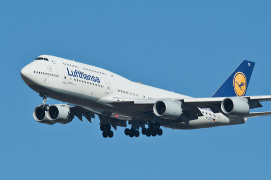 Tokyo, Japan - December 18, 2022: Lufthansa Boeing 747-8 (D-ABYD) on final approach to Haneda Airport