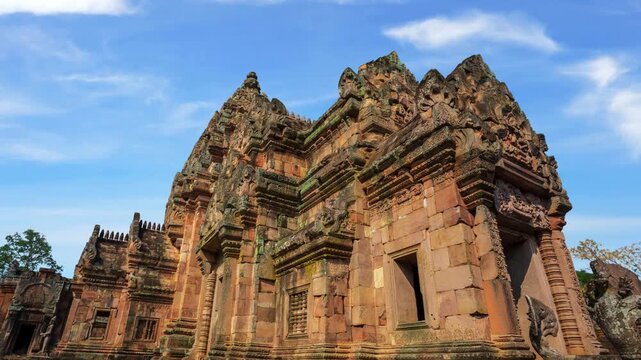 Cinematic history view of  ancient Hindu temple, Khmer style sanctuaries, Phanom Rung Historical Park, Buri Ram, Thailand. UNHCR world heritage site. 