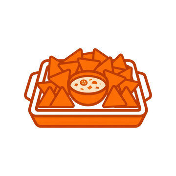 Cartoon Style Nachos and Cheese Dip in Serving Tray