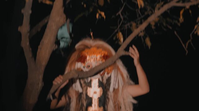 Creepy Close Up of Rangda Peeking Behind Tree