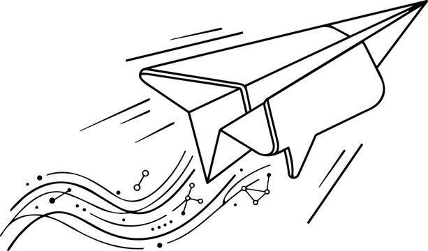 Minimalist flying paper airplane with chat bubble, fast digital communication and sending message concept outline illustration, hollow vector