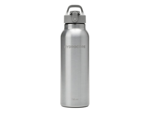 Silver metal bottle with branding space and grey handle lid on transparent background set.
