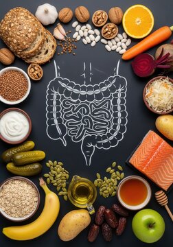 Healthy Food for Gut Health and Digestive System Concept with Chalk Drawing of Intestines on Black Background