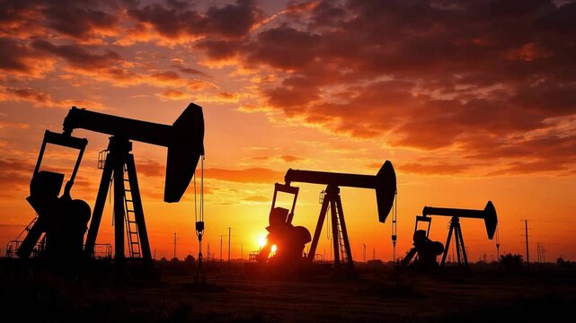 Oil pump jacks at sunset in energy field showing petroleum production and industrial power sector