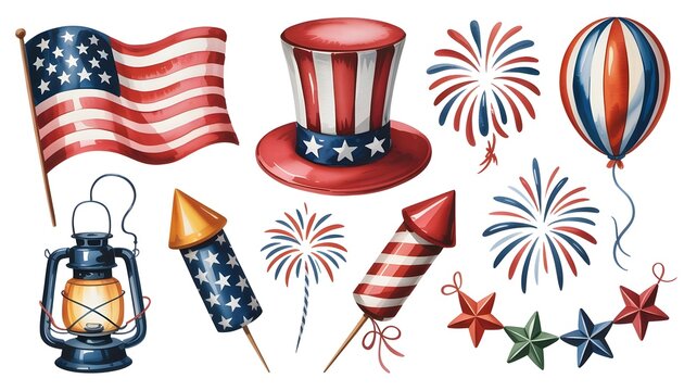 Set of patriotic elements for independence day, including american flag, uncle sam hat, fireworks, lantern, and stars, isolated on white background