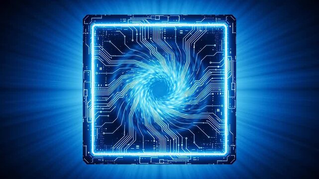 Square electronic component with blue vortex light and radial lines