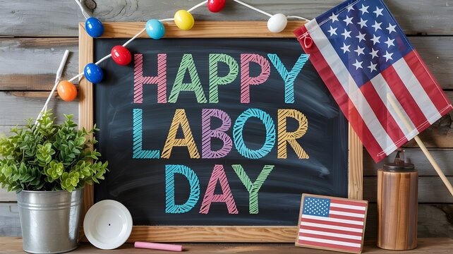 Happy labor day chalk text on blackboard with american flag, string lights, potted plant and decorations on rustic wooden background