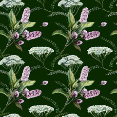 Mint and yarrow mix seamless pattern watercolor illustration on dark background. Herbs blend for premium men grooming packaging, organic cosmetics branding, luxury healing elixir bottle print © AnKa