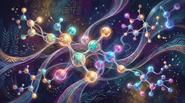 Molecules glow in cosmic lattice; surreal ceremony of chemistry and life, duality of fragility and strength, abstract echoes of heritage, awareness, and identity.
