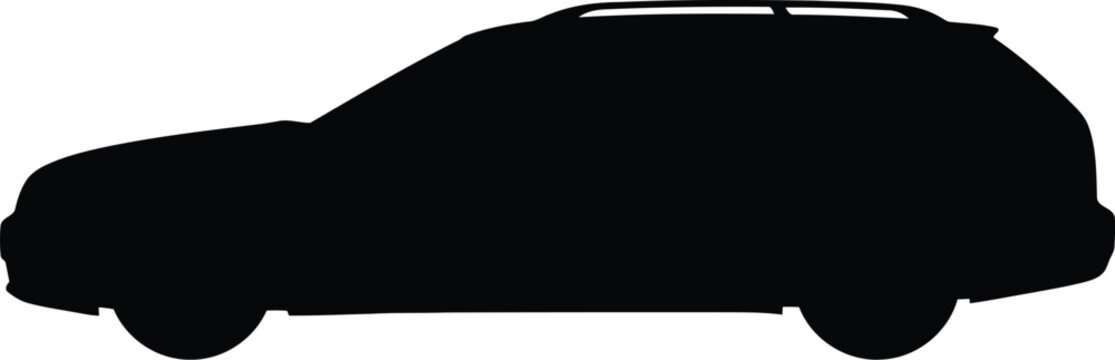 Black silhouette of a station wagon car viewed from the side profile