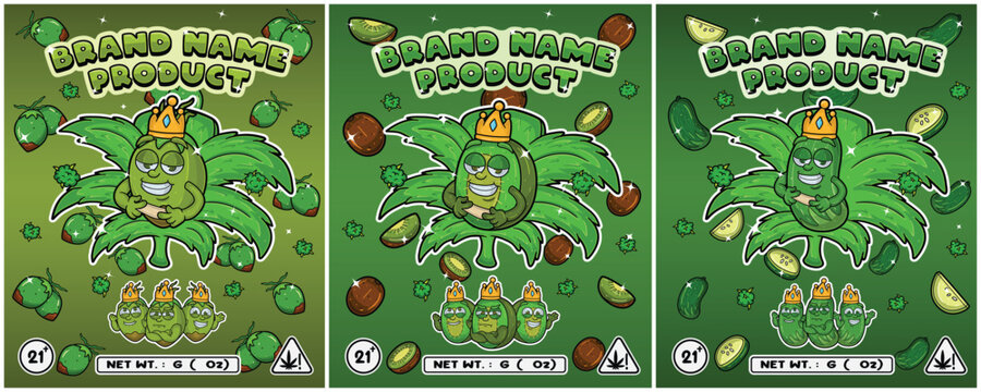 Set Cartoon of Coconut, kiwi and cucumber fruit flavors with cannabis leaf, designed for logo, label or packaging