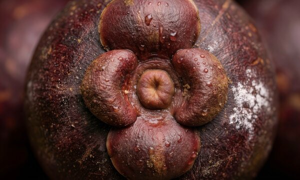 Extreme macro of fresh mangosteen fruit bottom with petal lobes and water drops dark purple texture