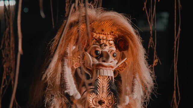 Side Profile of Scary Rangda in Night Forest