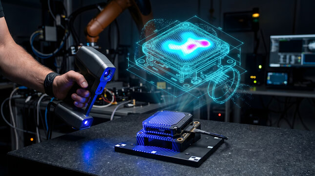 Engineer uses advanced scanner to inspect futuristic electronics hardware with holographic visualization in high tech lab