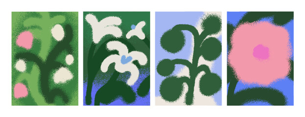 Obraz premium Abstract blur flower poster set. Botanical and nature card designs with hazy grainy soft plants. Blurry floral backgrounds, modern textures with noise, grain effect. Flat vector illustrations