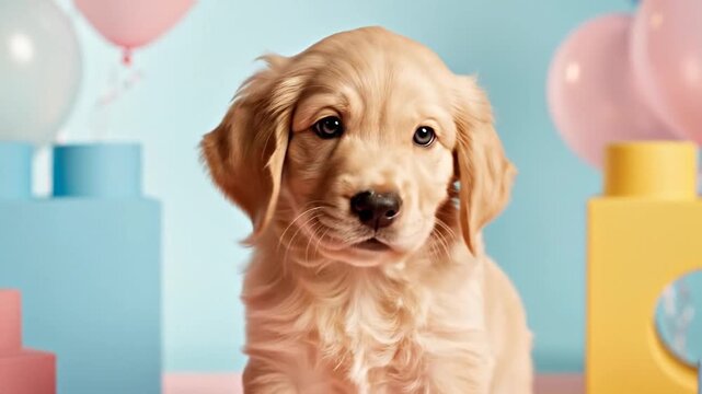 Adorable Golden Retriever Puppy Posing with Pastel Balloons and Blocks