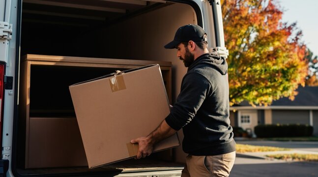 Man with beard in cap takes big cardboard box from open van truck. He carries package near houses during daytime. Autumn tree in background shows fall season.