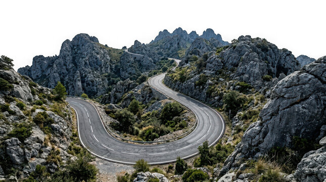 High altitude winding mountain pass with rocky cliffs as isolated on transparent background