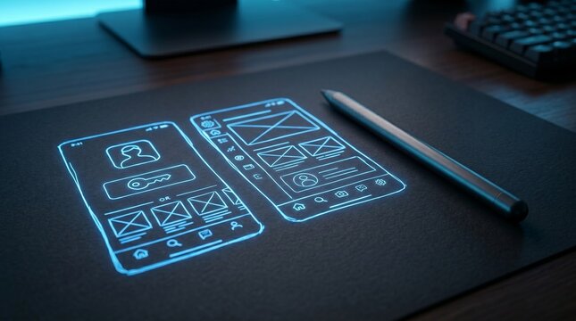Glowing mobile UI wireframe sketch with stylus pen. Application development and software engineering concept.