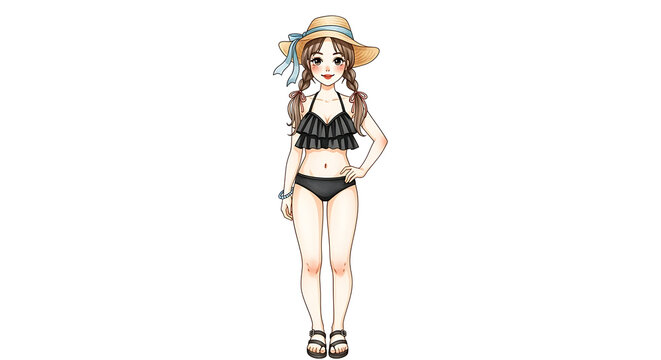 Cute Anime Girl in Black Bikini and Straw Hat with Blue Ribbon Enjoying Summer Vacation Beach Style
