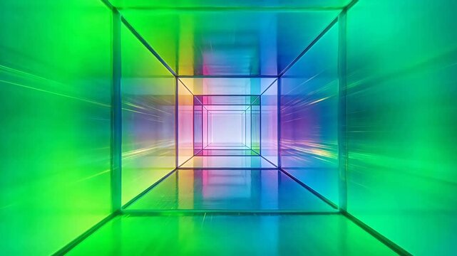 Colorful cubic tunnel extending inward with nested blocks and vibrant light reflections