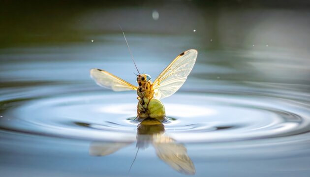 Delicate Mayfly Insect Completing Its Emergence From Water Surface With Delicate Wings and Ripples