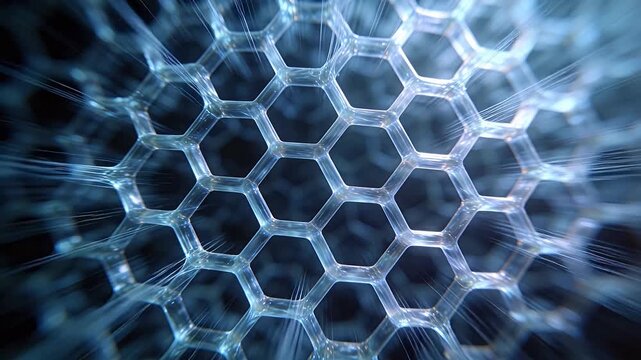 Transparent hexagonal honeycomb structure with radiating light on dark background