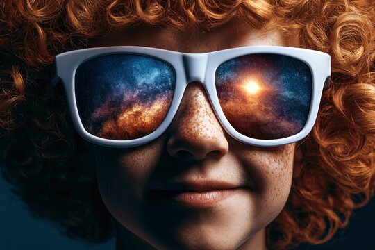 Redheaded student face with nebula reflections in white sunglasses macro shot for astronomy education marketing