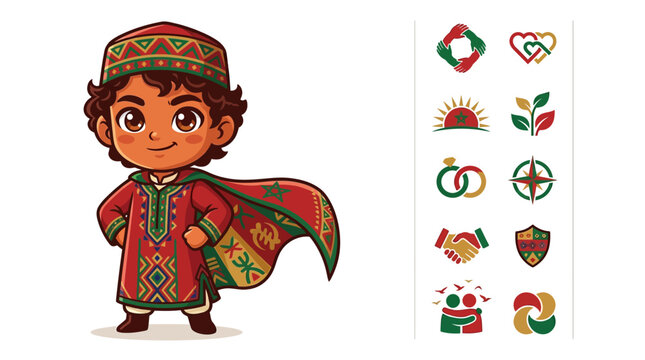 Chibi Moroccan Boy Hero Character in Traditional Red and Green Djellaba with Cape Standing next to a Set of National Identity Icons and Symbols on a White Background
