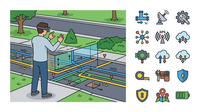 Man wearing VR headset visualizing underground pipes and utility cables beneath city street with technical icons for engineering, GPS, and infrastructure mapping.