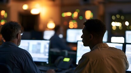 Obraz premium Two professionals stand looking at glowing monitors in a modern control room emphasizing a collaborative and focused atmosphere