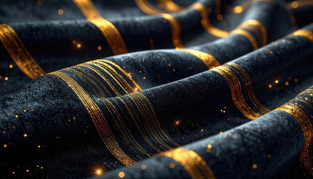 Dark Fabric with Golden Threads and Glittering Sparkles, Artistic Abstract Design