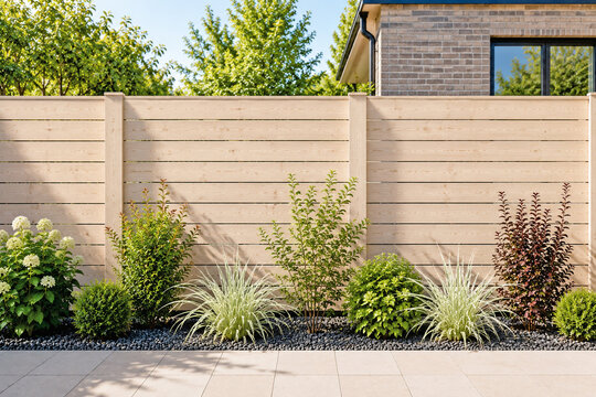 Modern birch wood fence with ornamental shrubs and black gravel landscaping